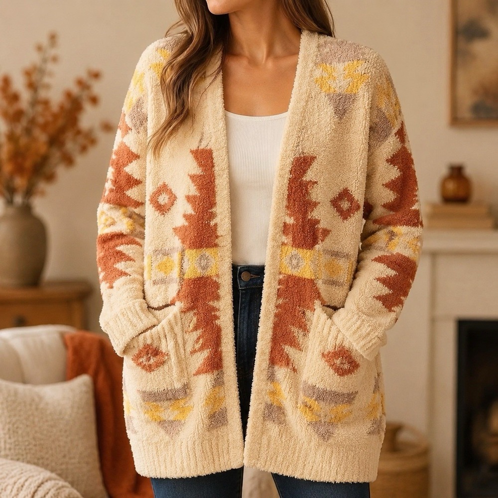Warm & Cozy Lifestyle Small Southwestern Aztec Open Front Cardigan Boho Cozy